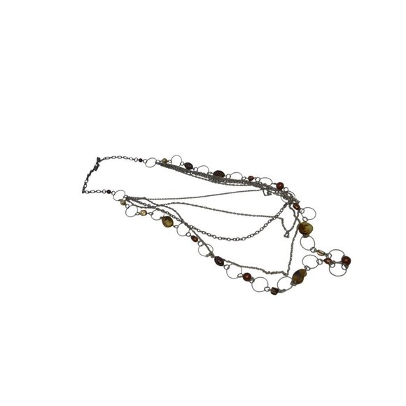 Multistrand Beaded Boho Glam Rope Length Necklace Brown Silver - Picture 4 of 8